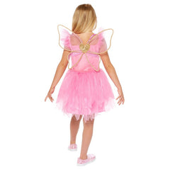 Pink fairy childs costume with layers of fabric in skirt, butterflies and flowers on bodice plus wings.