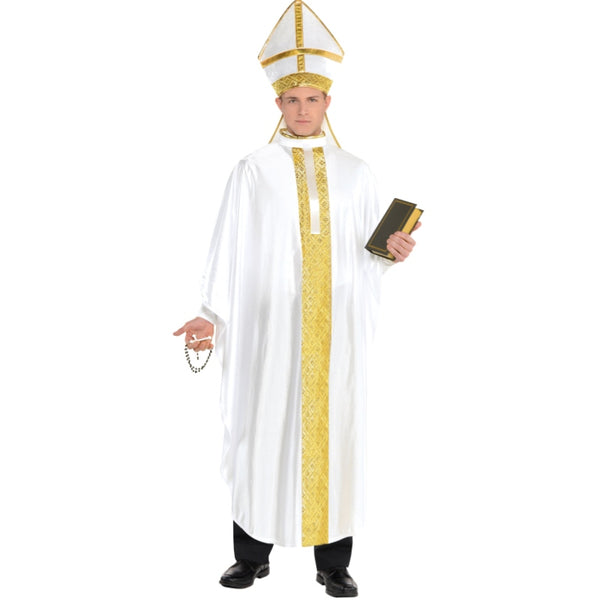 Pope adult costume, white with gold trim and matching hat.
