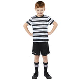 Pugsley Addams Family Costume Child, dark shorts with logo and stripe shirt and socks.