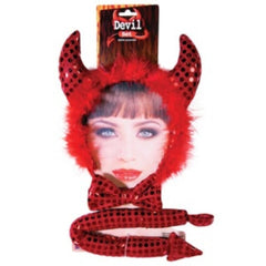 Red Devil Kit - Sequin headband with maribou trim, matching tail and bow tie.