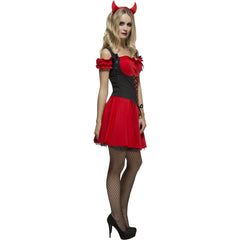 Red Fever Wicked Devil women’s costume with corset-style dress, underskirt, and devil horns headband