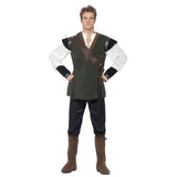 Robin hood mens costume in olive and brown, tunic with lacing at chest, cream sleeves with feature cap and contrasting cuffs.