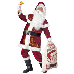 Santa Claus deluxe costume with red velour coat, capelet, pants, belt and boot covers