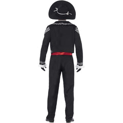 Adult Day of the Dead costume with skeleton print jacket, trousers, and sombrero