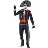 Senor bones day of dead costume with printed detail on jacket, mock vest, trousers and hat