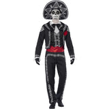 Adult Day of the Dead costume with skeleton print jacket, trousers, and sombrero
