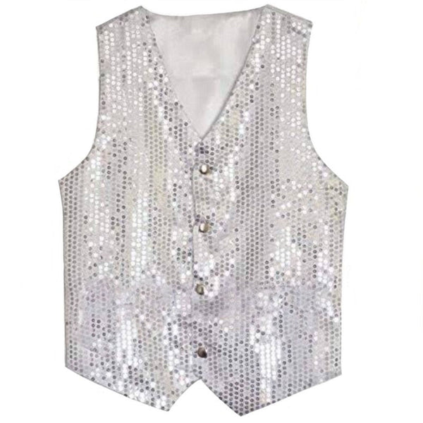 Sequined silver vest with buttons.