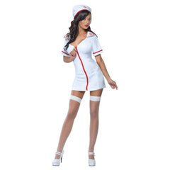 Sexy Nurse Costume, figure hugging dress with red zip up at the front, short with collar, matching hat.