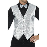 Silver sequin waistcoat, sequin front with button and satin back with adjustable tab.