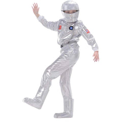 Child astronaut costume with silver jacket, helmet, pants and boot covers – Karnival Space Man outfit
