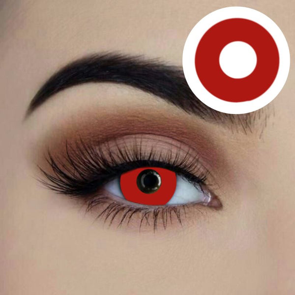 Close-up of Starry Eyed Vampire Red lenses – reusable 12-month costume contacts.