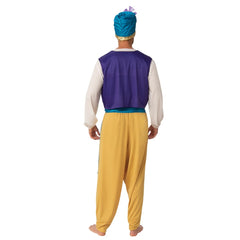Sultan Arabian Prince Costume - Adult, cream shirt with attached purple vest with gold detail, gold harem style pants and headdress.