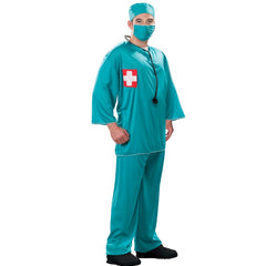 Surgeon Scrubs Adult Costume by Dr Toms with top, trousers, mask, and cap