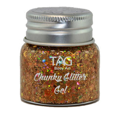 TAG Chunky Glitter Gel 20g in assorted colours, aloe-based cosmetic face and body glitter