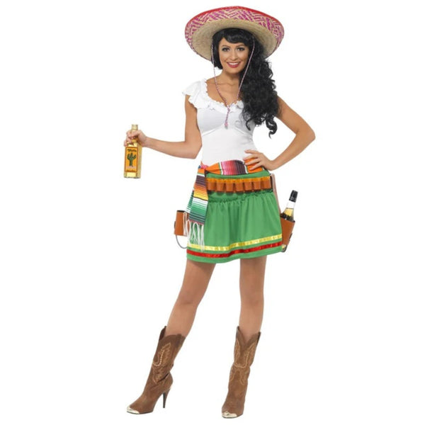 Tequila Shooter Girl Costume - Female, dress with white peasant bodice and green skirt with stipe belt.