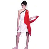Toga for ladies, short with braid trim and red drape.