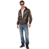 Licensed Top Gun brown vinyl bomber jacket with fleece collar and patches – Smiffys costume