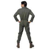 Top gun pilot costume for men, green jumpsuit with Maverick and Goose labels
