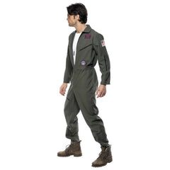 Adult Top Gun costume with khaki jumpsuit, aviator sunglasses, and Maverick name tag