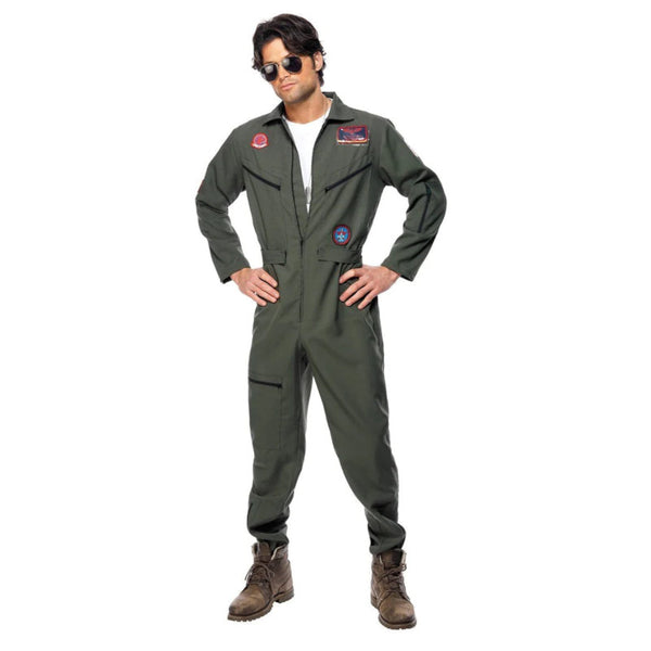 Adult Top Gun costume with khaki jumpsuit, aviator sunglasses, and Maverick name tag