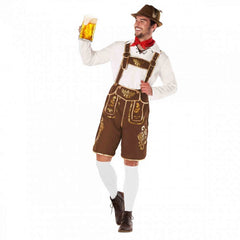 Traditional brown lederhosen costume with gold trim, white shirt, red necktie, and foldable felt hat for Oktoberfest.