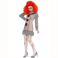 Vintage Clown Lady Costume, grey short dress with long sleeves, neck frill and contrasting red pom poms.