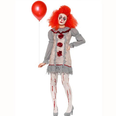 Vintage Clown Lady Costume, grey short dress with long sleeves, neck frill and contrasting red pom poms.