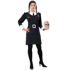Wednesday Addams Women's Deluxe Halloween Costume, dress with white collar and cuffs plus belt.