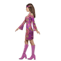 Woodstock Hippie Ladies Costume with colourful dress, headband, and peace medallion