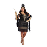 Swanky flapper ladies costume in plus size, lace trim at neckline and hemline. Fringing at shoulders and hemline.