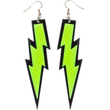 glittery neon 80's lightning bolt earrings in green with hooks.