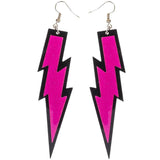 Glittery neon 80s lightning bolt earrings in pink with hooks.