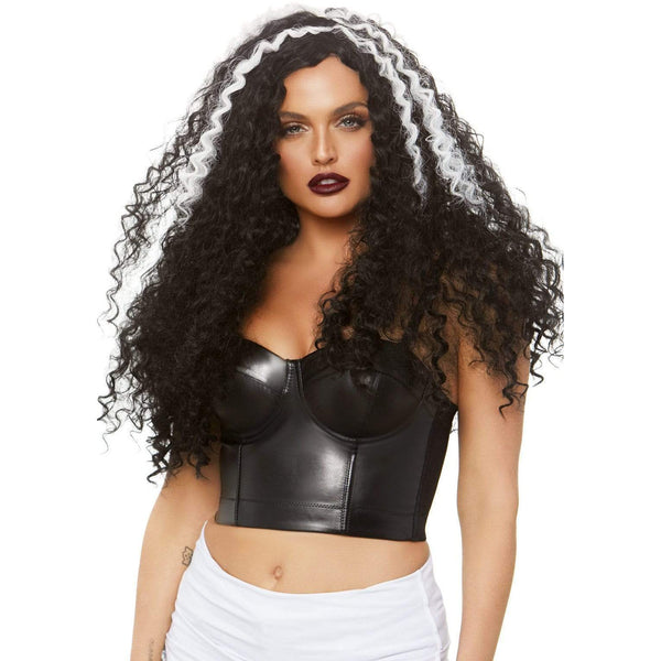 29" Long Curly Wig Black with White Streaks