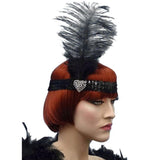 Crystal Heart Flapper Headband in Black with black feather and feature heart diamantee.