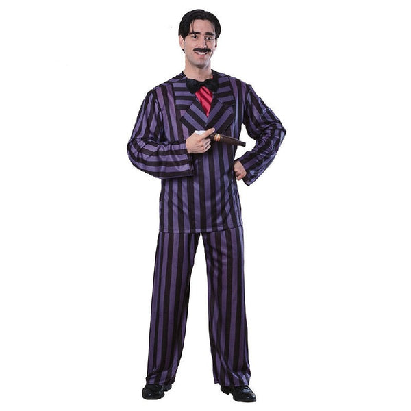 Gomez Addams Family Men's Halloween Costume blue and black strip jacket and pants, attached shirt front and bow tie.