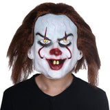 latex clown mask with brown hair.