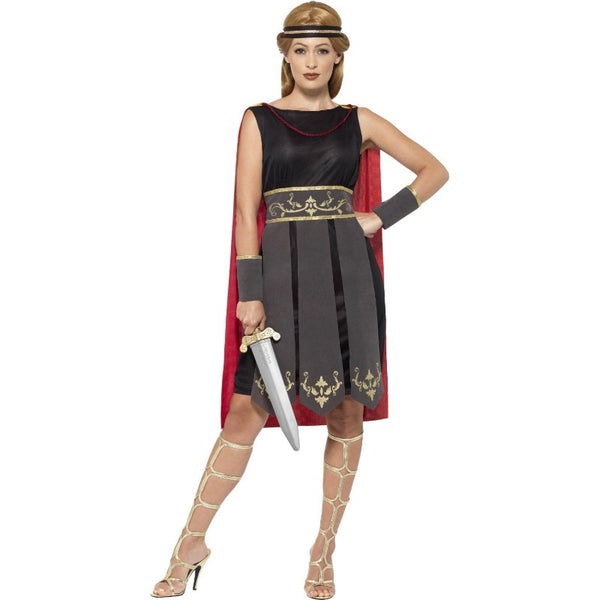 Ladies roman warrior costume with a gladiator feel, brown dress with attached warrior front with gold detail and arm guards and head band.
