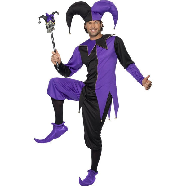 Two tone jester tunic in black and purple with bells on hemline and feature collar, matching knee length trousers and jester hat.