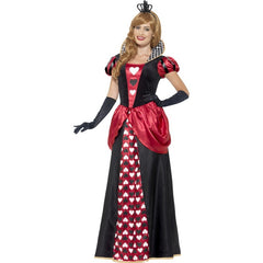 Royal red queen ladies long costume, black bodice and skirt, heart panel in bodice and skirt, red satin epalum, high collar.  Black foam crown.
