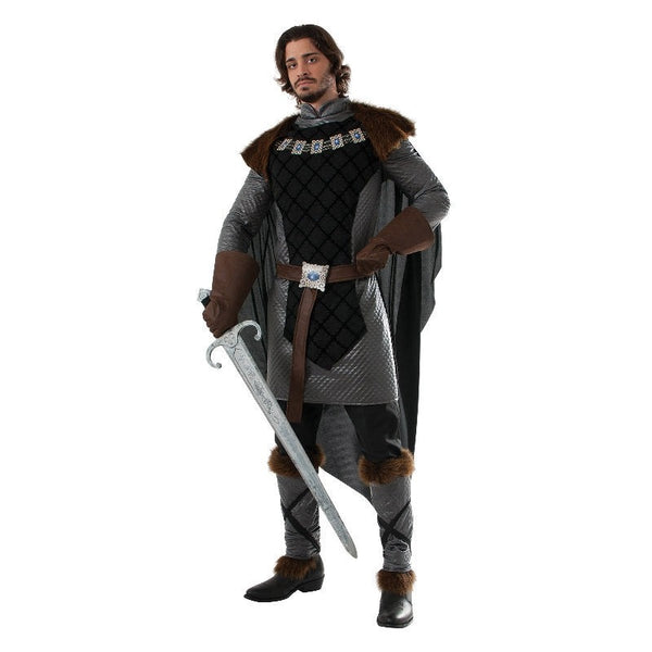 Dark prince deluxe costume for adults, long tunic in black and silver, cape with fur trim. 