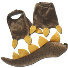 Dinosaur feet and tail set in brown for children, tail has elastic to go around the waist, shoe cover that attached behind the ankle.