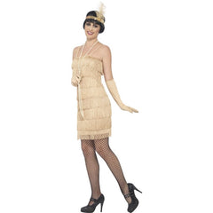 Gold ladies flapper dress with fringe, gloves and headband for 1920s Great Gatsby parties