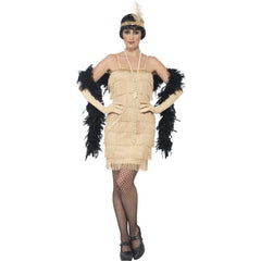 Gold ladies flapper dress with fringe, gloves and headband for 1920s Great Gatsby parties