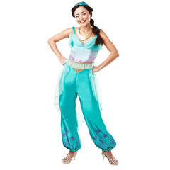 Adult Princess Jasmine deluxe costume with satin top, harem pants, gold necklace and jewel headpiece