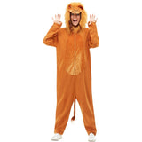 Lion costume for adults is unisex, caramel colour jumpsuit with velveteen tummy, attached hood with face and trimmed with fur plus tail with a furry tuff.