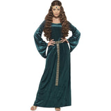 Medieval green maid costume in velvet with braid detailed belt and wide sleeves, plus jewelled headband.