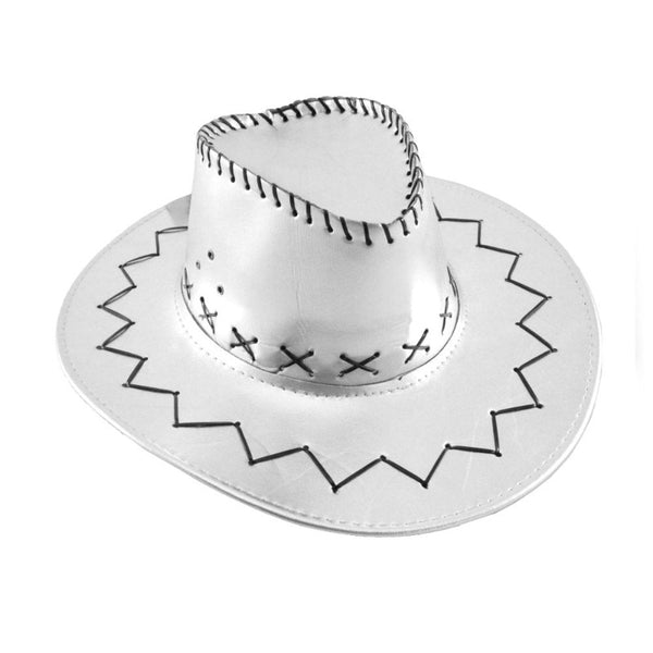 Metallic Silver Cowboy Hat with contrasting black stitching and chin strap.