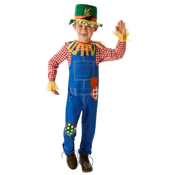 Mr scarecrow costume includes jumpsuit with overalls print and shirt print, plus hat.