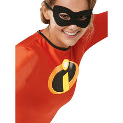 Mrs Incredible adult costume with red jumpsuit, gloves, and eye mask