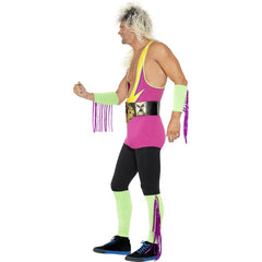 Retro wrestler costume with bodysuit, champion belt, green and purple fringe cuffs